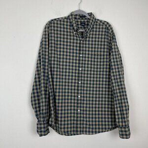 J crew Flex Washed Mens Green Brown Plaid Button Up Shirt Slim Fit Size XL